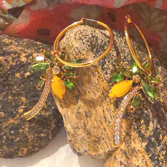New Betesy Johnson Gold and Green Tropical Coconut Tree Crystal Hoop Earrings - Picture 3 of 8